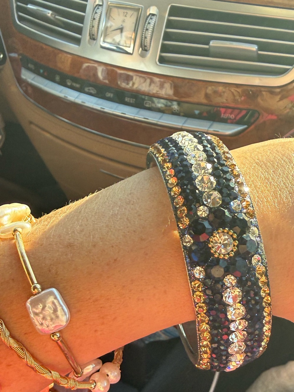 Embellished Black & Gold Crystal Bangle Bracelet - Women Jewelry